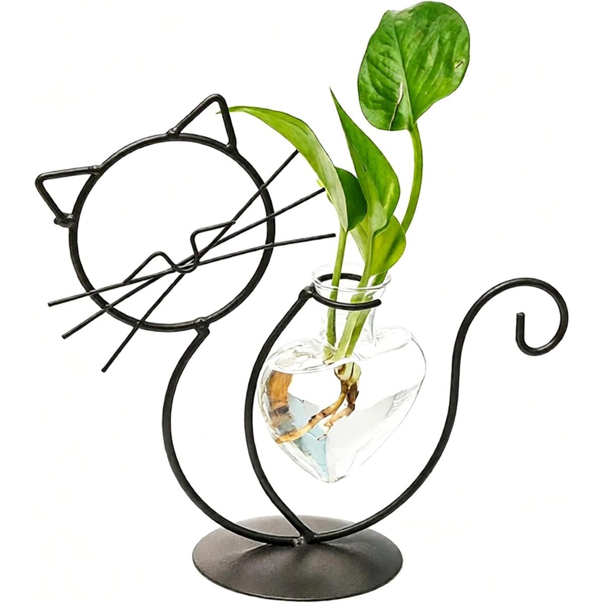 Cat Shaped Wrought Iron Hydroponic Vase with Glass Insert