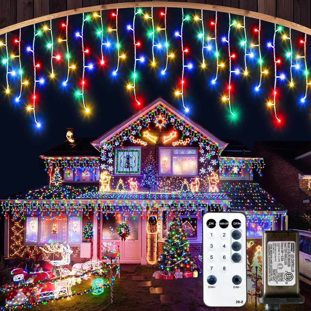 ROOR 66FT 640LED Christmas Icicle Lights, Outdoor String Lights, Multicolor