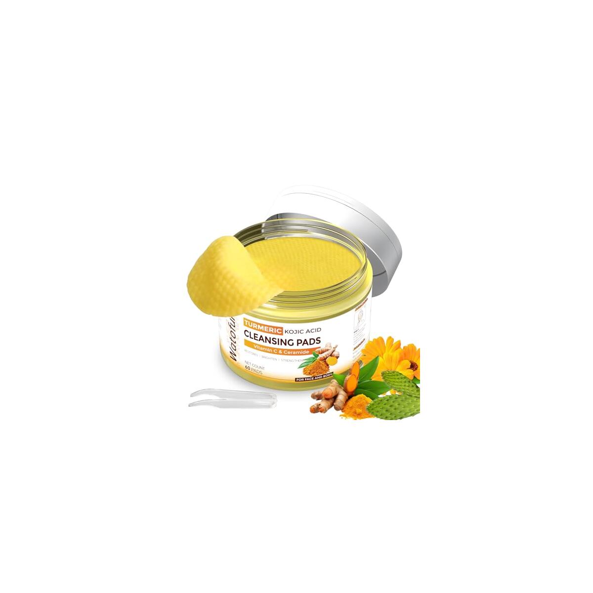 Turmeric Kojic Acid Cleansing Pads For Face, 60 Pcs Kojic Acid And Turmeric Cleansing Pads For Exfoliation, Turmeric Pads For Face Cleansing