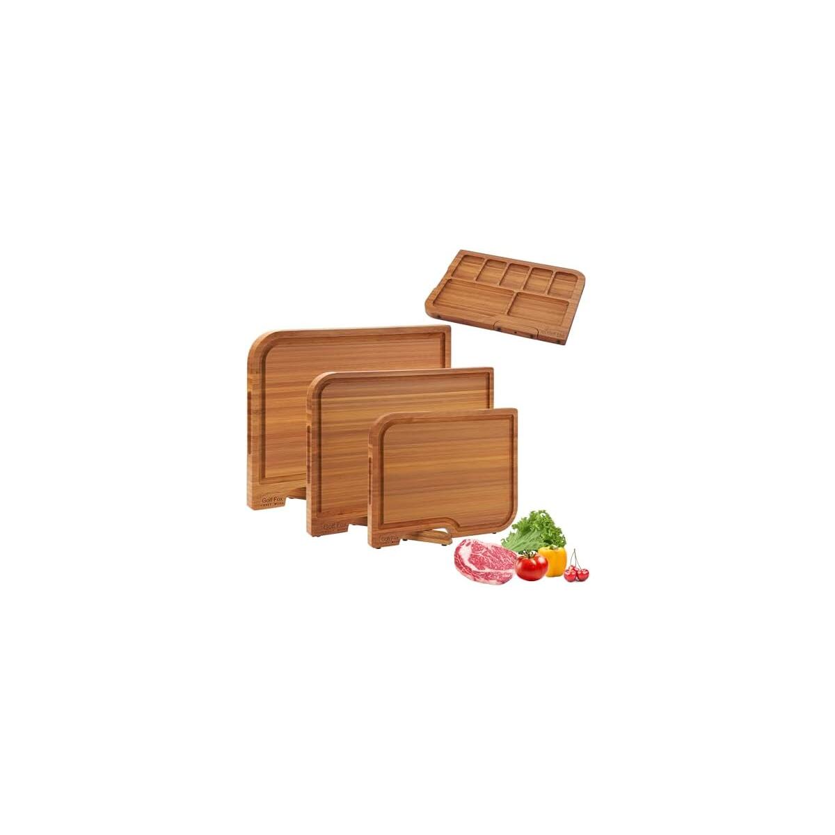 3-PCS Wood Cutting Board Set with Innovative Stand - Durable Double Sided Bamboo Cutting Board with Juice Groove & Handle for Meal Prep, Meat Charcuterie Serving, Eco-Friendly Healthy Kitchen Gift