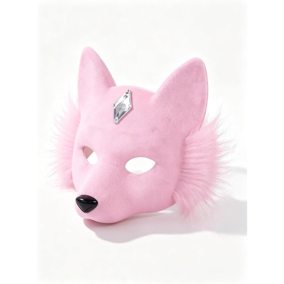 Pink Plush Fox Half Face Mask with Rhinestone Accent