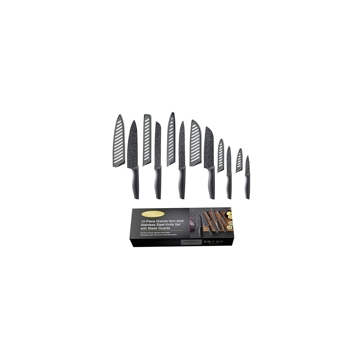 Marco Almond Kitchen Knife Set, KYA39 12-Piece Chef Knife Sets, 6 Knives with 6 Blade Guards, Stainless Steel Knives Set for Kitchen with Covers, Black