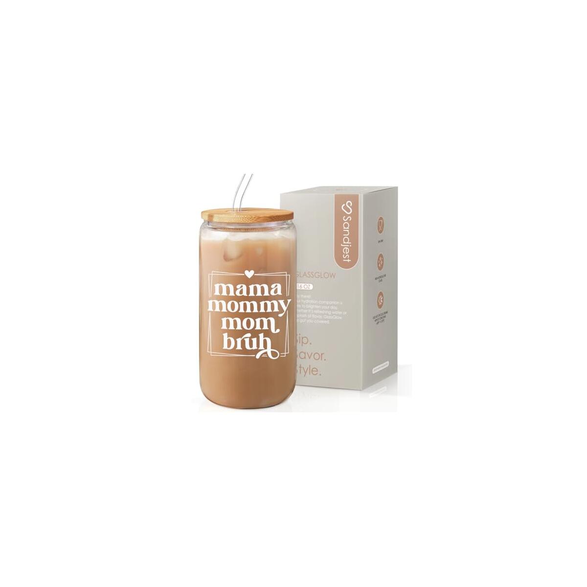 SANDJEST Mother Glass Can, Mama Mommy Mom Bruh Cup with Lid & Straw, Iced Coffee Aesthetic Cups, Idea Gift for Christmas Birthday Mother Day, Gifts for Women, 16oz