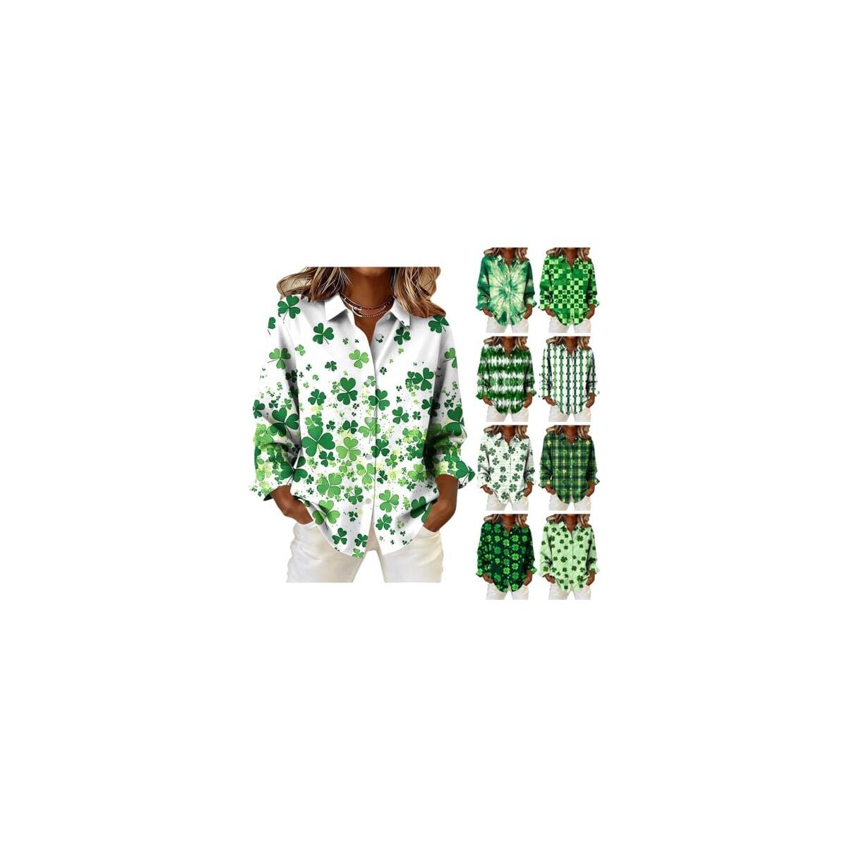 St Patricks Day Shirt Women Long Sleeve Shamrock Shirts Button Down Print Blouses Irish St Patrick's Day Tops
