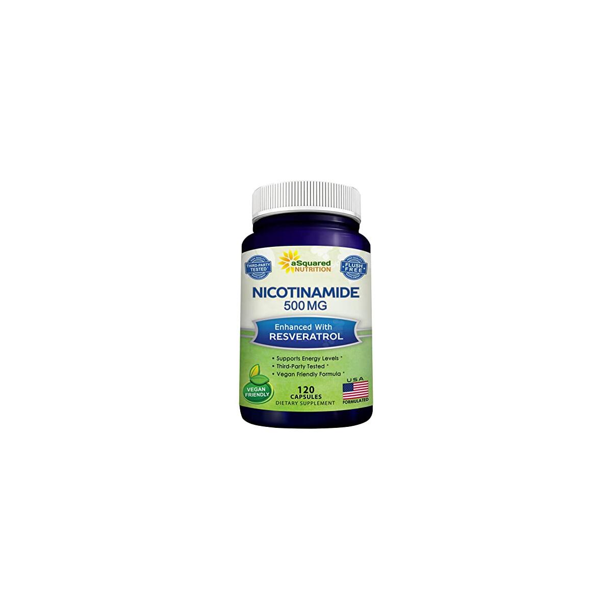 aSquared Nutrition Nicotinamide with Resveratrol - 120 Veggie Capsules - Vitamin B3 500mg (Niacinamide Flush Free) - Supplement Pills to Support NAD, Skin Cell Health & Energy