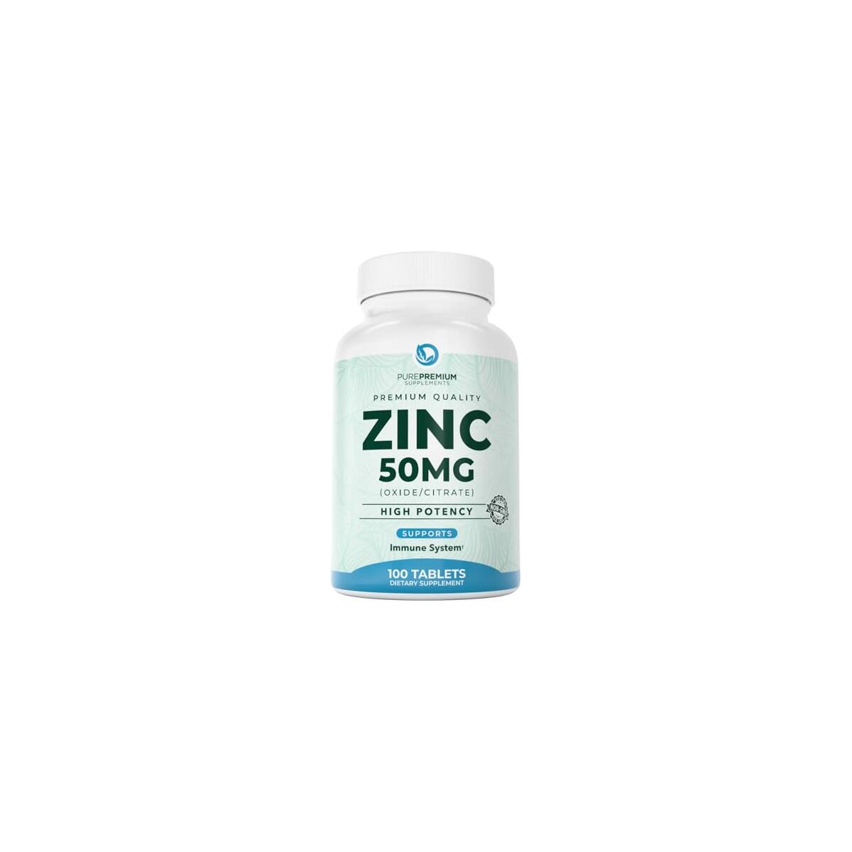 PurePremium Natural Zinc 50mg Supplements for Men/Women - GMP-Certified High Potency Vitamin Zinc Citrate/Oxide for Adults, Immune Antioxidant, Energy Support - 100 Tablets
