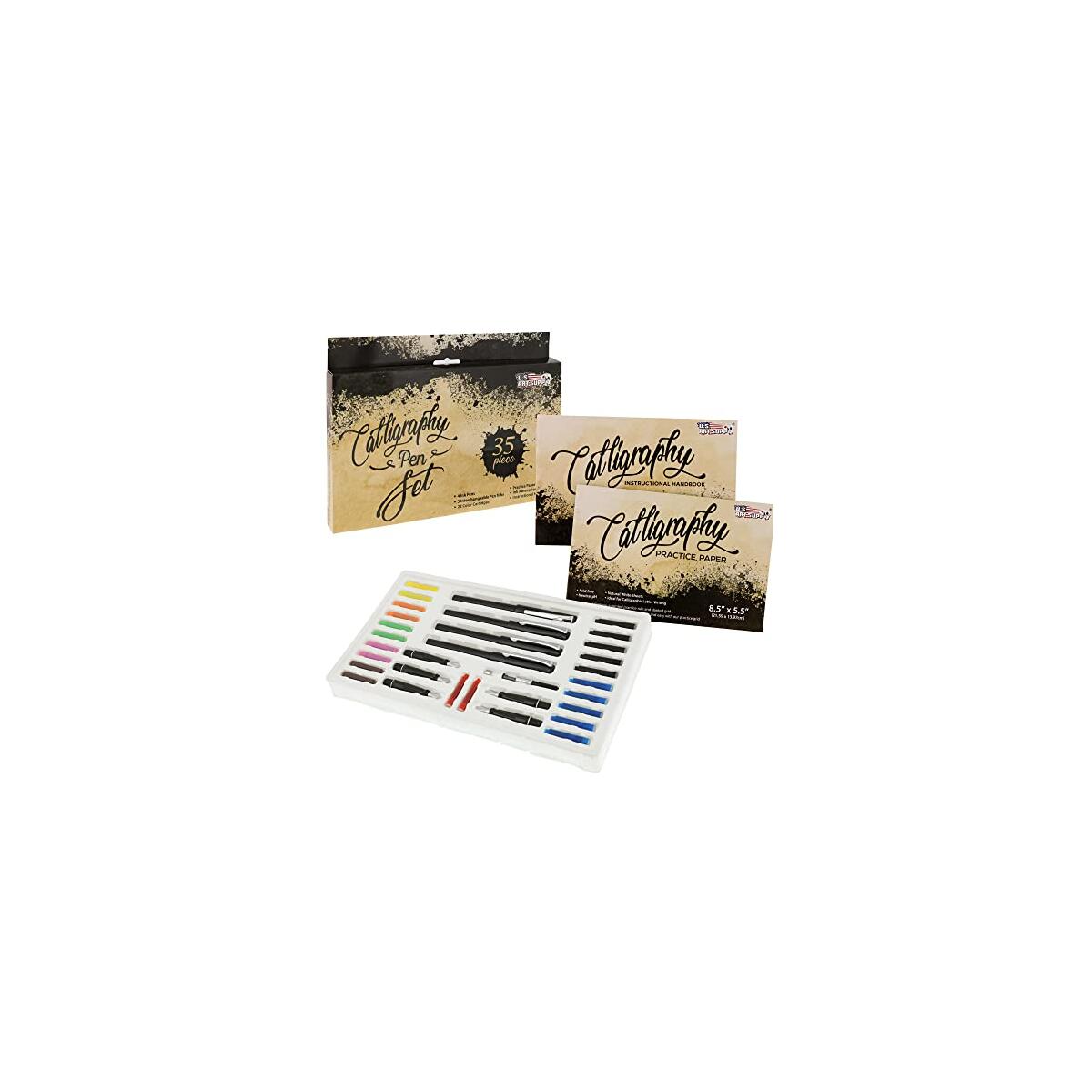 U.S. Art Supply 35-Piece Calligraphy Pen Set - 4 Pens, 5 Nibs, 22 Inks, Includes Calligraphy Pens for Writing, Beginners Handbook & Practice Paper Pad