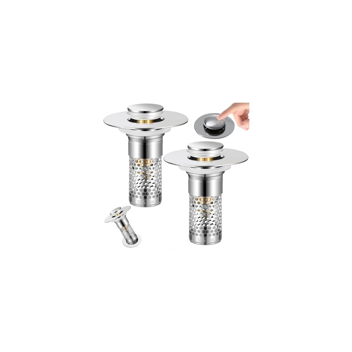 Bathroom Sink Drain Strainer 2 Pack,Bathroom Sink Stopper with Pop-Up Drain and Removable Hair Catcher, Stainless Steel Filter Basket, Fits Standard US Bathroom Sinks