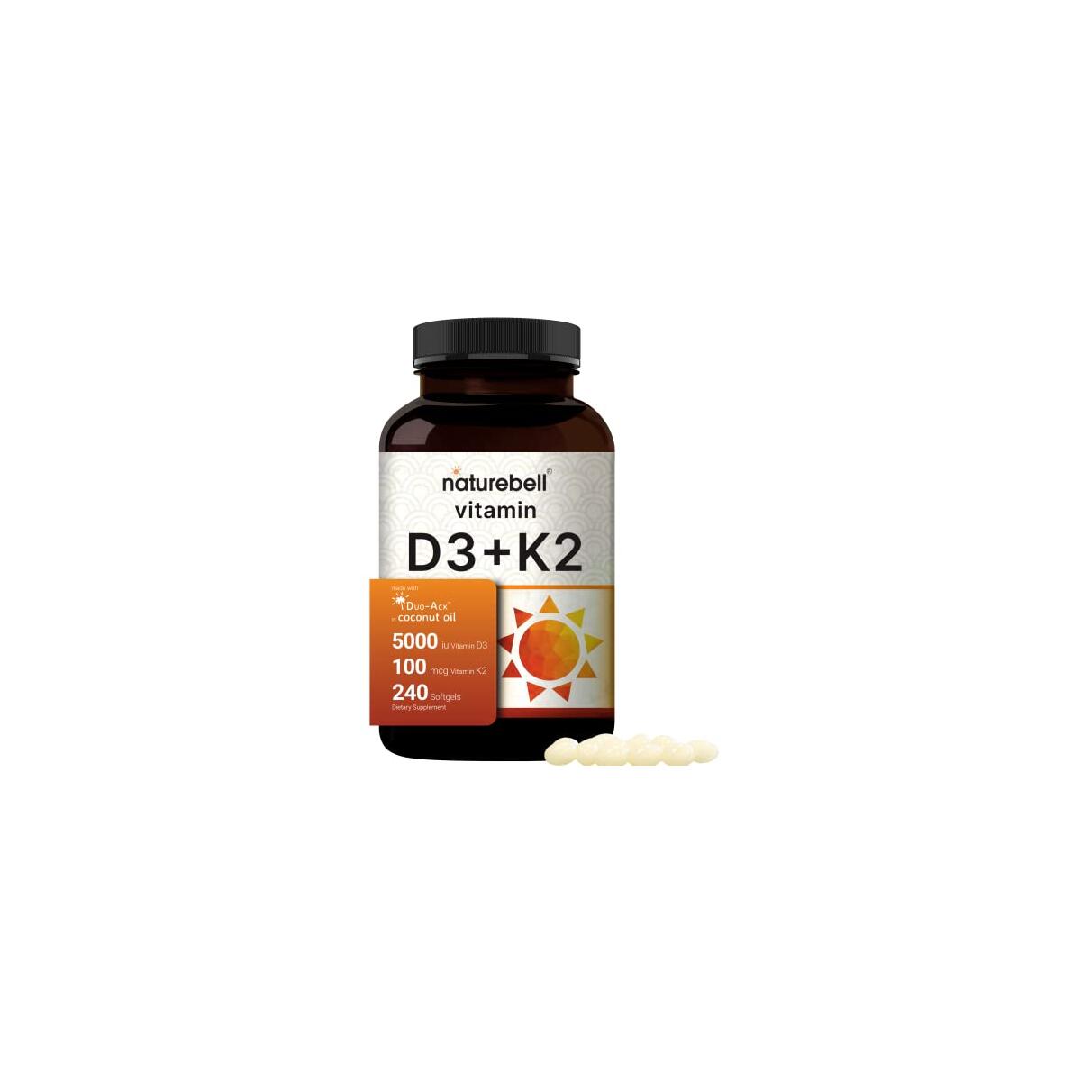 NatureBell Vitamin D3 5,000 IU + K2 100 mcg, 240 Softgels | Daily 2-in-1 Formula with Virgin Coconut Oil | Bone, Heart & Immune Support | MK-7 Form | Non-GMO, Gluten-Free