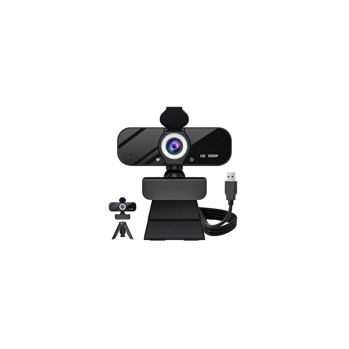 1080P HD Webcam with Built-in Microphone, Rotatable Tripod, Wide-Angle Lens,Privacy Cover, Auto Light Correction, Plug & Play USB-A Webcam for Laptop, Desktop, PC, Streaming-Black