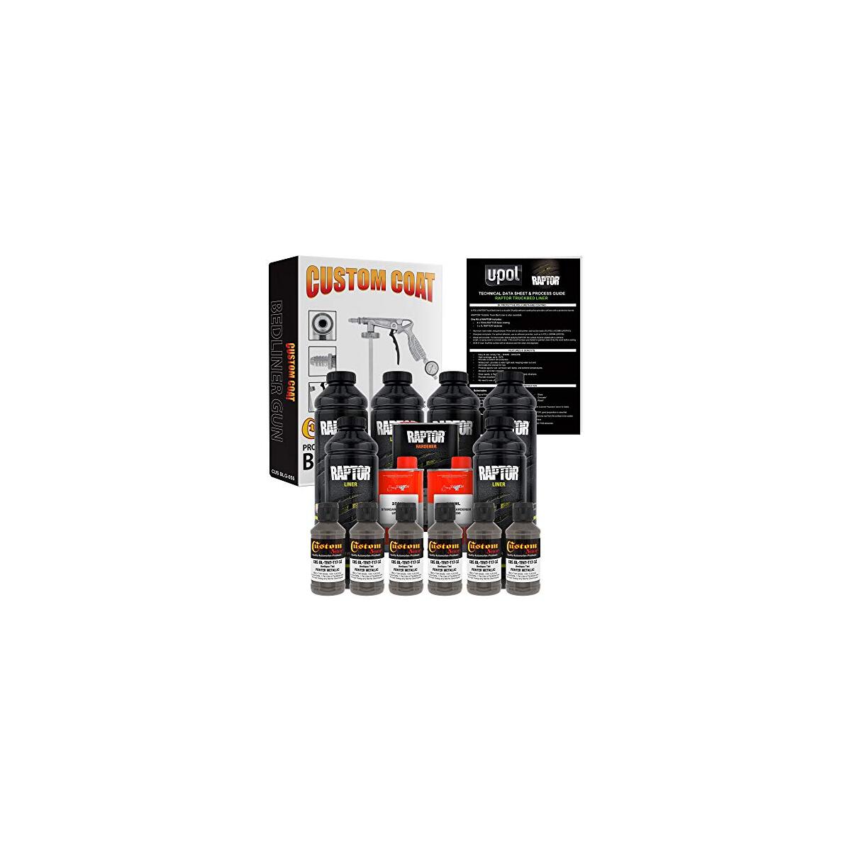 Custom Shop Pewter Metallic Urethane Spray-On Truck Bed Liner Kit and Custom Coat Spray Gun with Regulator, 6 Liters