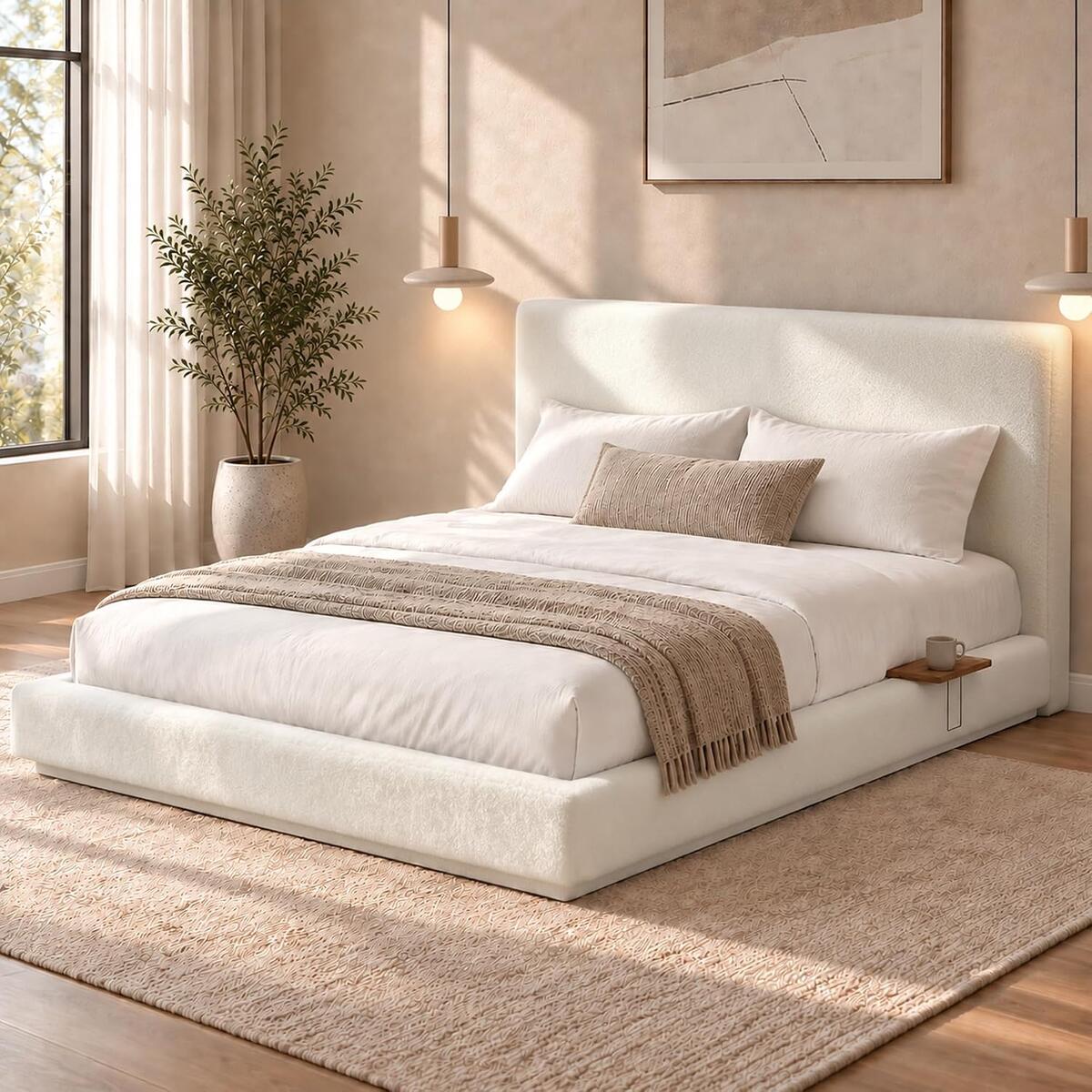 Queen Upholstered Bed Frame, Chenille Cloud Bed with 2 Sliding Side Shelves