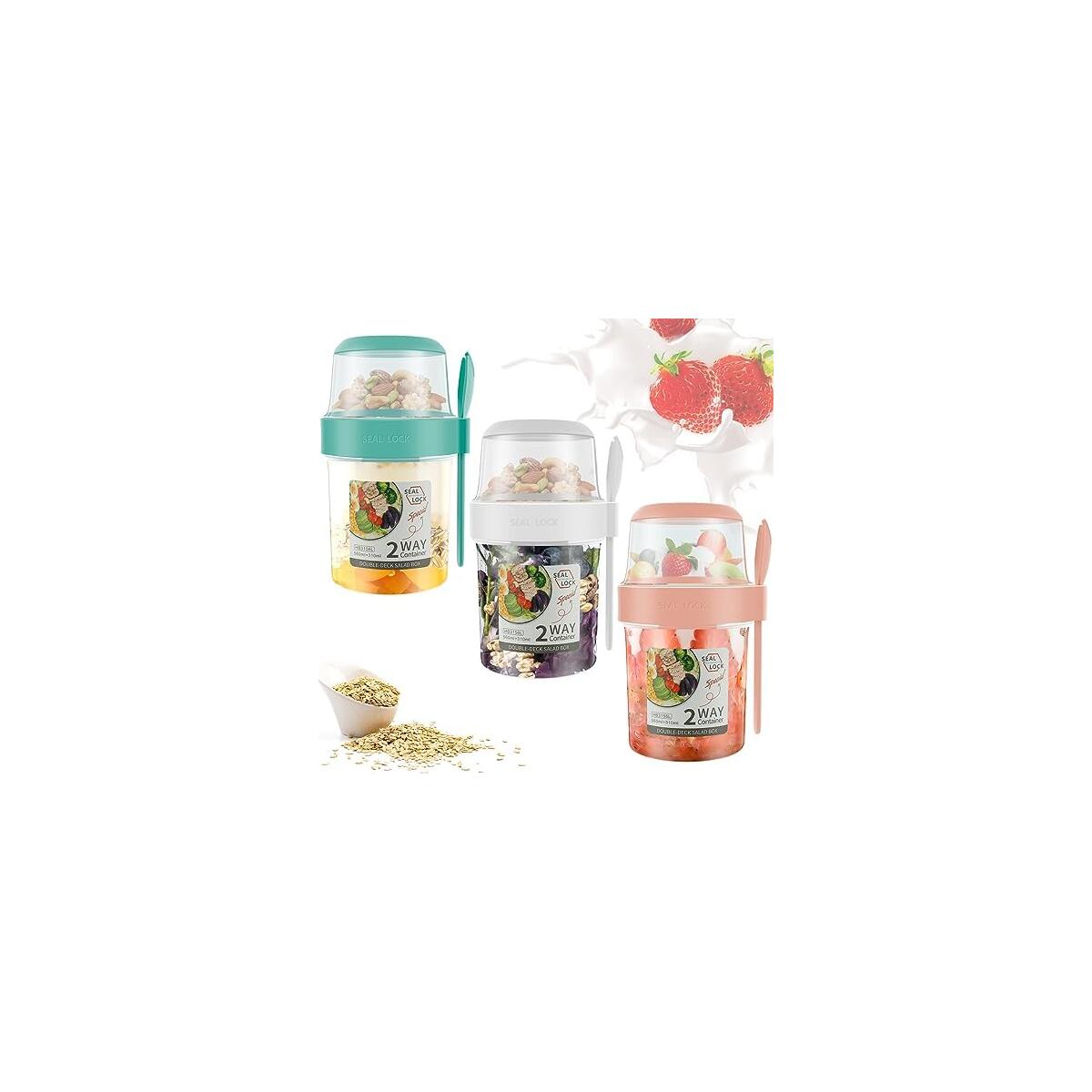 3Pcs Cereal Yogurt Cups,Leak-Proof Breakfast Salad Cups with Lid and Spoon Multipurpose Salad Container Portable Oatmeal Cup Fruit Storage Cup for School Office