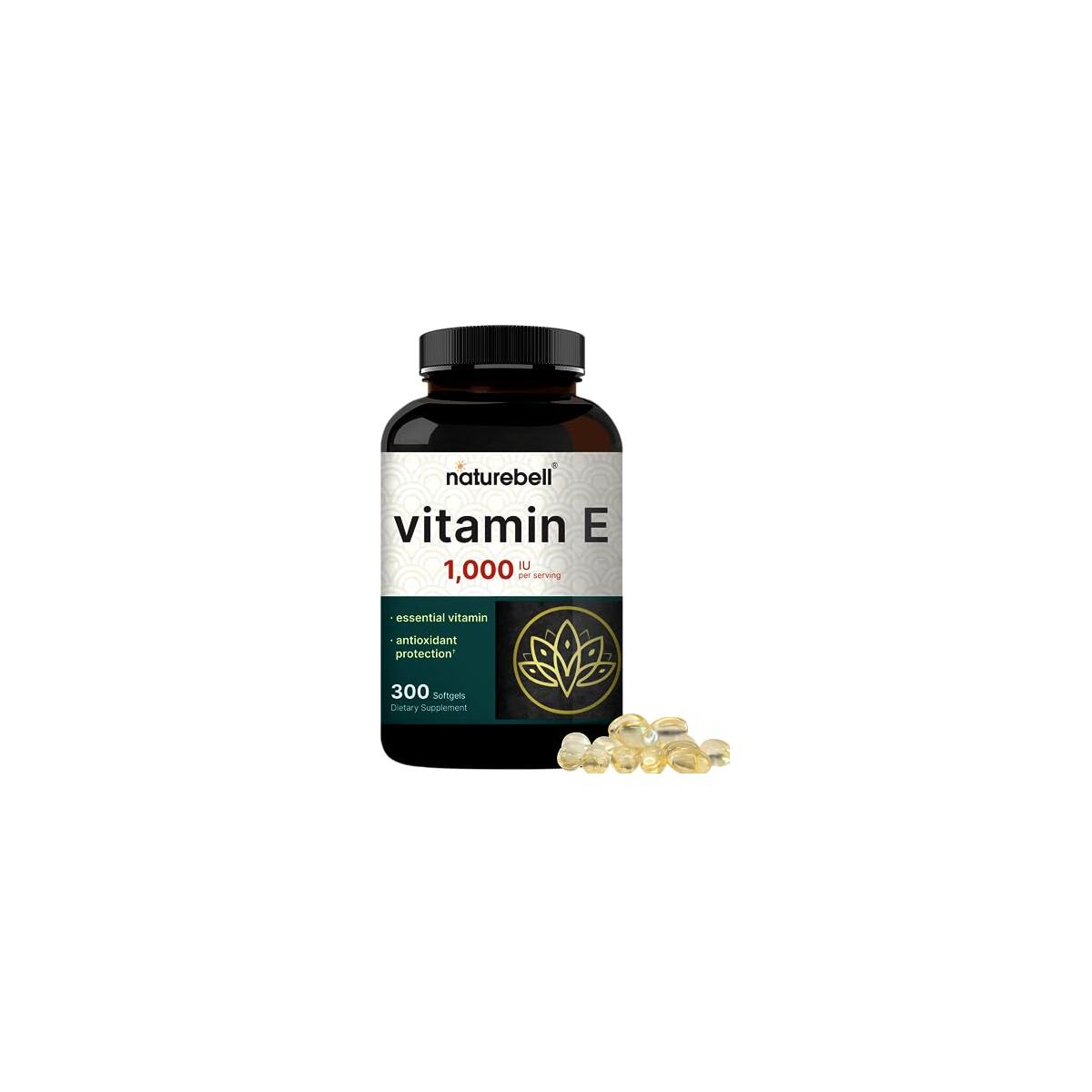 NatureBell Vitamin E Oil Softgels, 1,000 IU Per Serving, 300 Pills | Essential Antioxidant Supplements, Easily Absorbed Form &ndash; Supports Skin, Heart, & Immune Health &ndash; Non-GMO