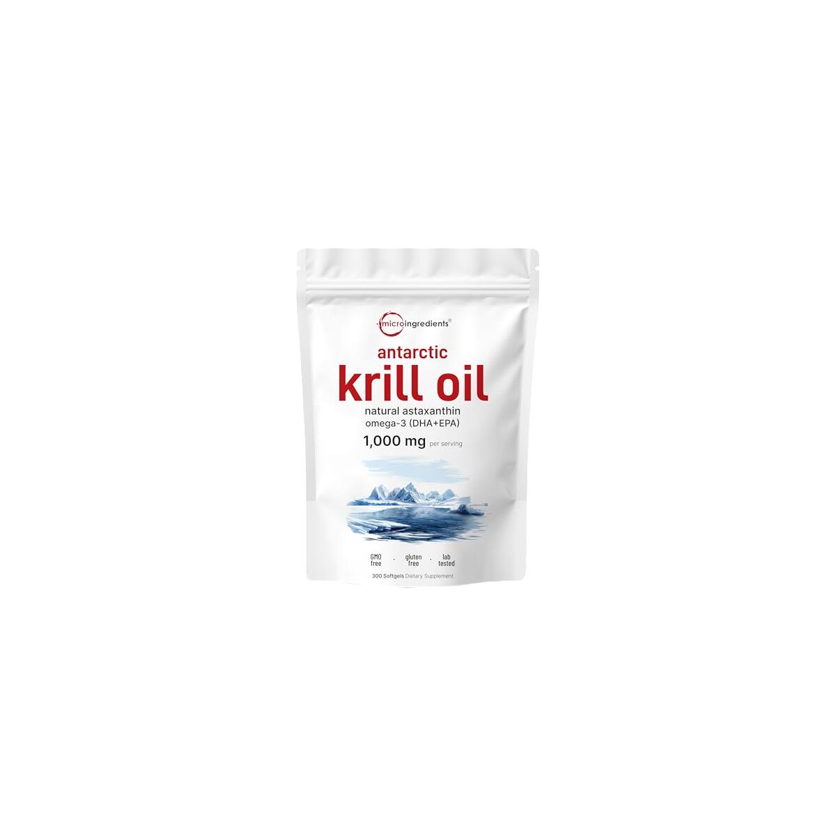 Micro Ingredients Antarctic Krill Oil Supplement with Natural Astaxanthin, 1000mg Per Serving, 300 Soft-Gels, Rich in Omega-3s EPA & DHA, Supports Immune System & Brain Health, Easy to Swallow