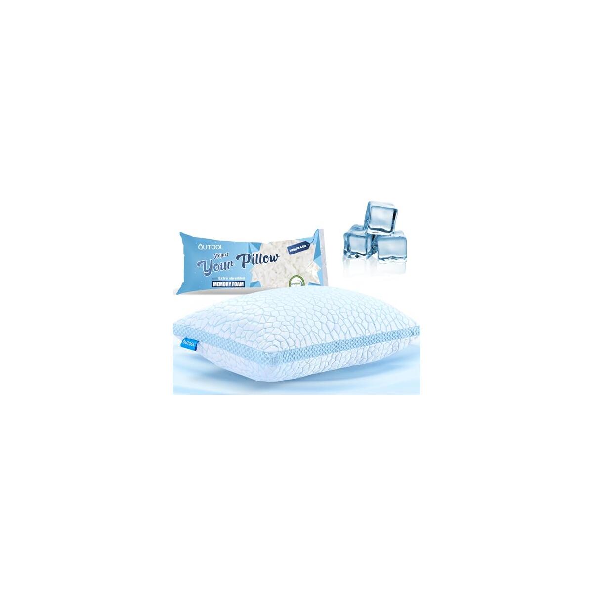 QUTOOL Cooling Pillows for Hot Sleeping, Shredded Memory Foam Pillows Queen Size Set of 1,Adjustable Soft & Firm Gel Bed Pillow for Side, Back, Stomach Sleepers