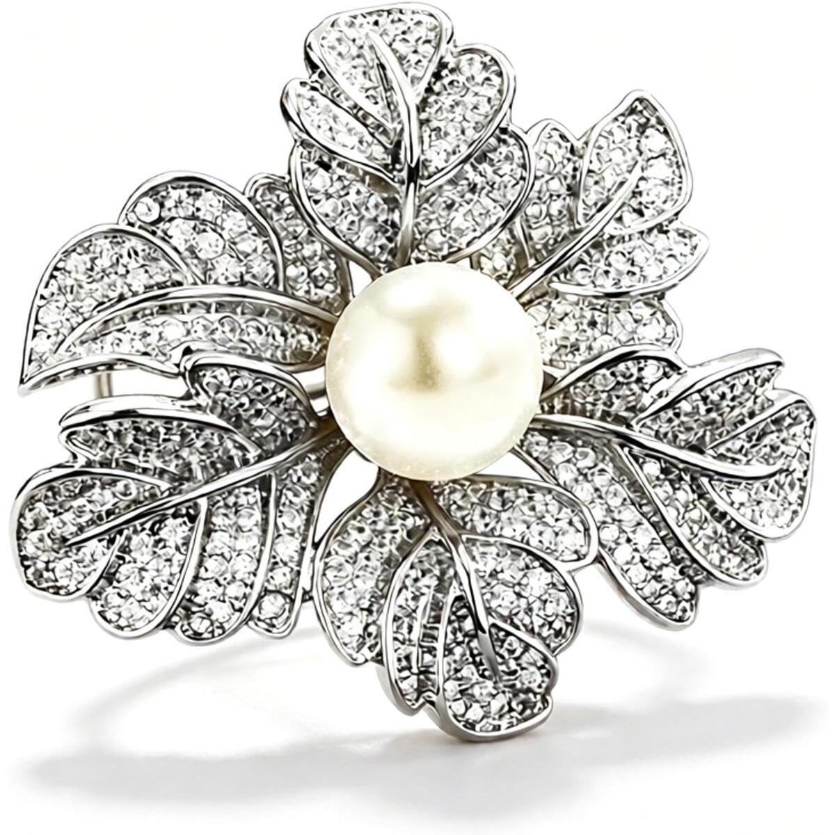 Rhinestone Flower Brooch with Simulated Pearl