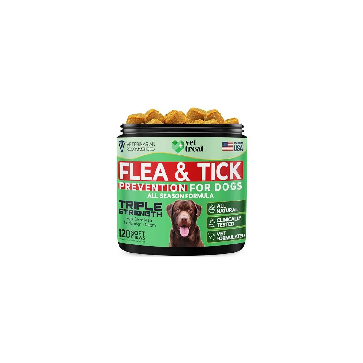 Flea and Tick Prevention for Dogs Chewables -Made in USA- Natural Dog Flea and Tick Treatment - Oral Flea Pills - Vet Recommended Flea and Tick Chews - All Breeds & Sizes - 120 Soft Treats (Chicken)
