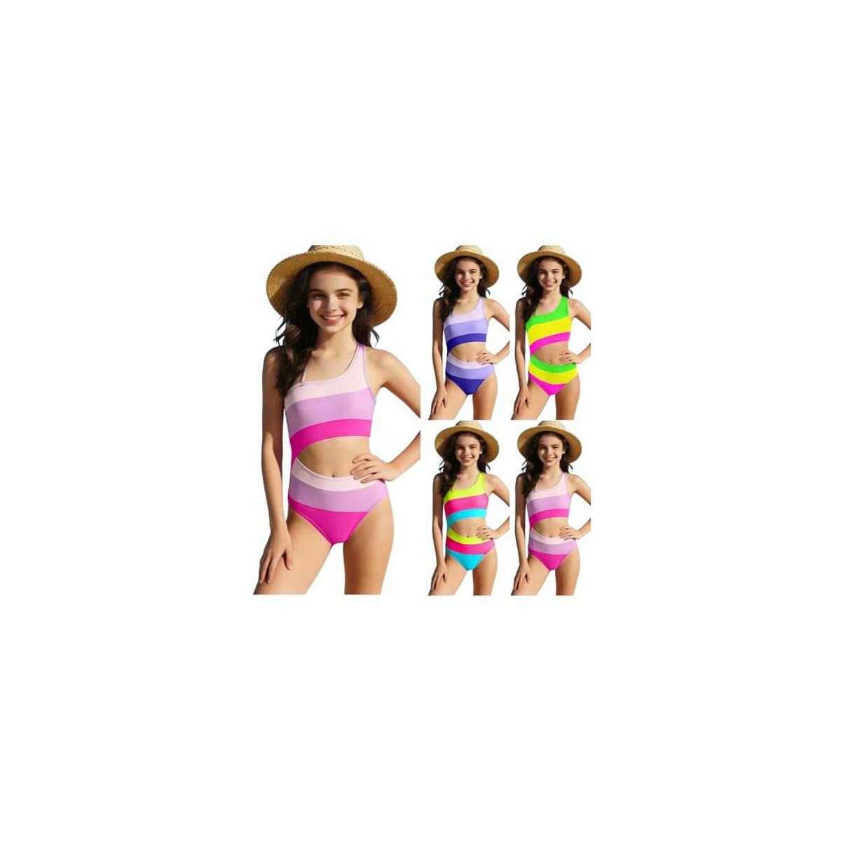 Sdwingk Girls One Piece Swimsuits Spaghetti Strap Cut Out Swim Suit Sleeveless Color Block Swimsuit Summer Beach Swimwear