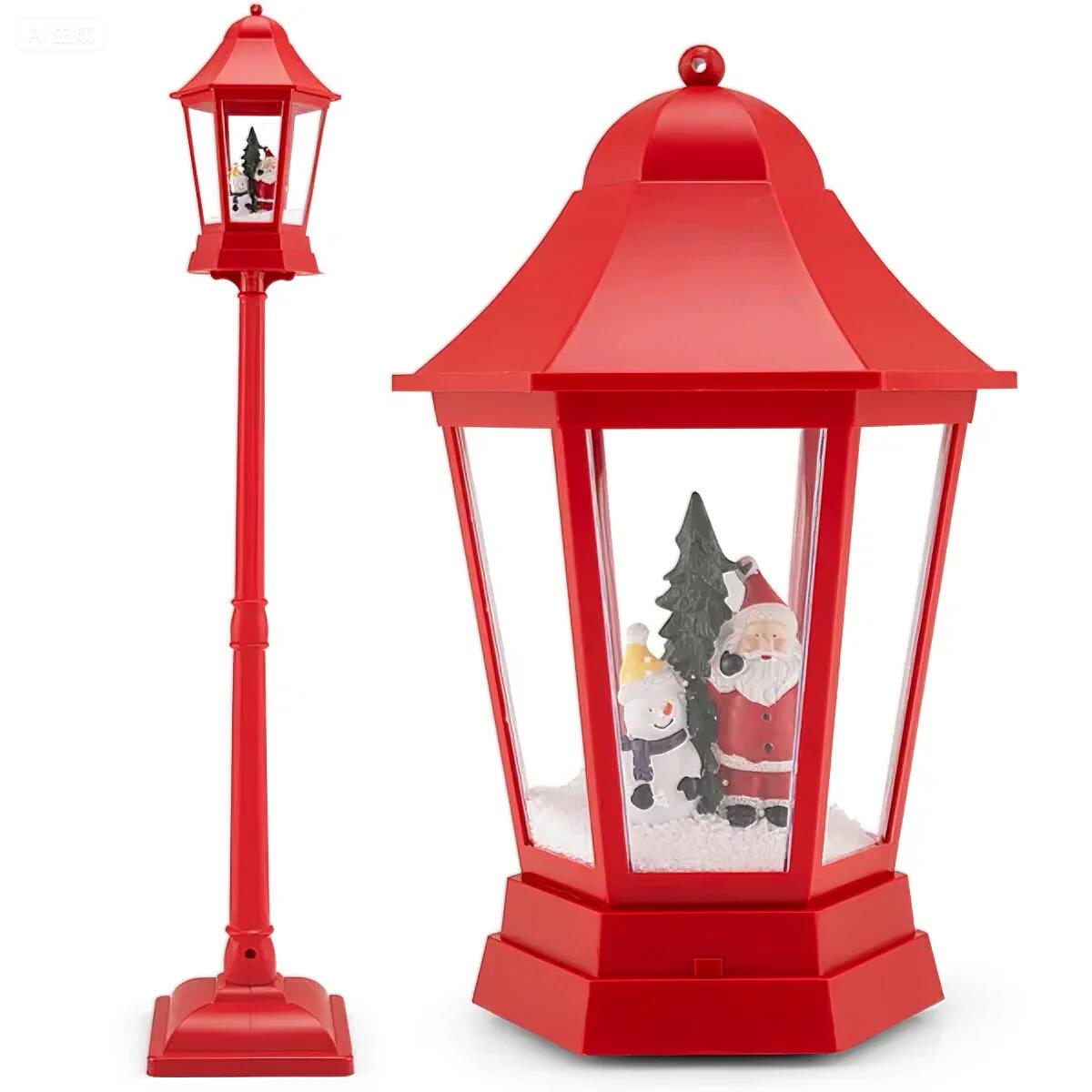 64" Christmas Streetlamp Decor: Santa/Snowman/Tree Scene, 60 Warm White LEDs, 8 Tunes, 2 Modes (Stand/Tabletop), Red, 12.5×12.5×64", 4.5lbs