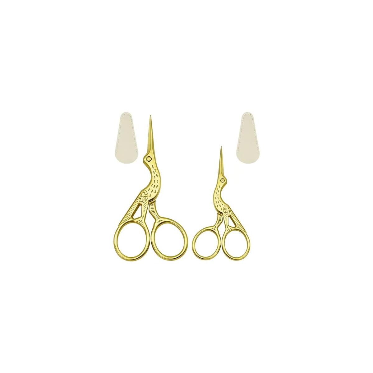 2PCS Sewing Scissors Gold Vintage Stork Embroidery Scissors, Stainless Steel Sharp Bird Shears - Ideal for Handicraft DIY Needlework Cross Stitch Daily Use Travel Sewing Shears（with 2 Covers）