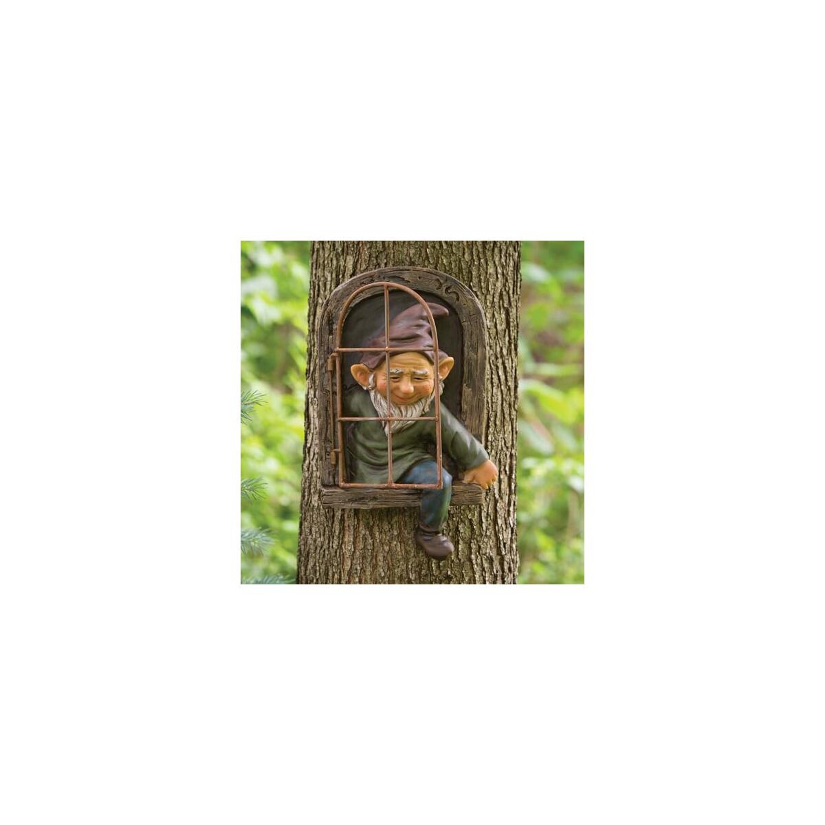 Bits and Pieces Elf Out The Window Yard Decorations Outdoor Tree Faces, 12 Inch Tree Hugger Whimsical Yard Decor, Elf, Fairy, Gnome Garden Decorations, Fun Garden Art