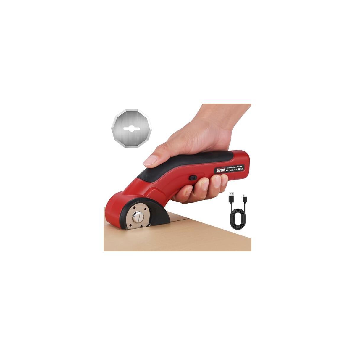 Katerk Electric Cardboard Cutter 4.4V, Cordless Electric Scissor with 2pcs Self-Sharpening Blade USB Rechargeable Safety Lock, Power Rotary Box Cutter for Fabric, Carpet, Plastic