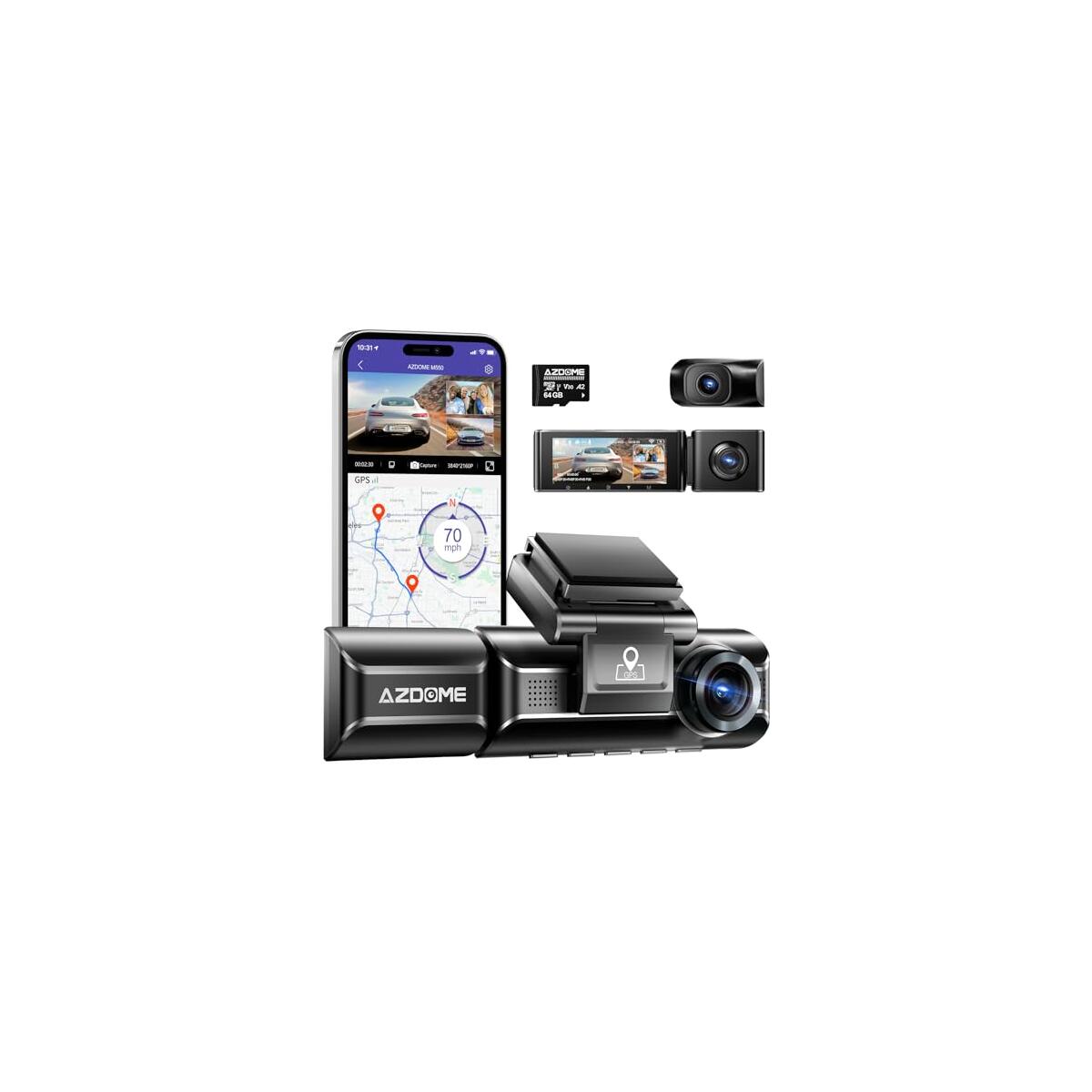 AZDOME M550 3 Channel Dash Cam, 4K+2.5K Dual Dash Camera for Cars Built-in WiFi GPS, 1440P+1080P+1440P Front and Rear Inside, 64GB Card Included, 3.19" IPS Screen, WDR, IR Night Vision, Parking Mode