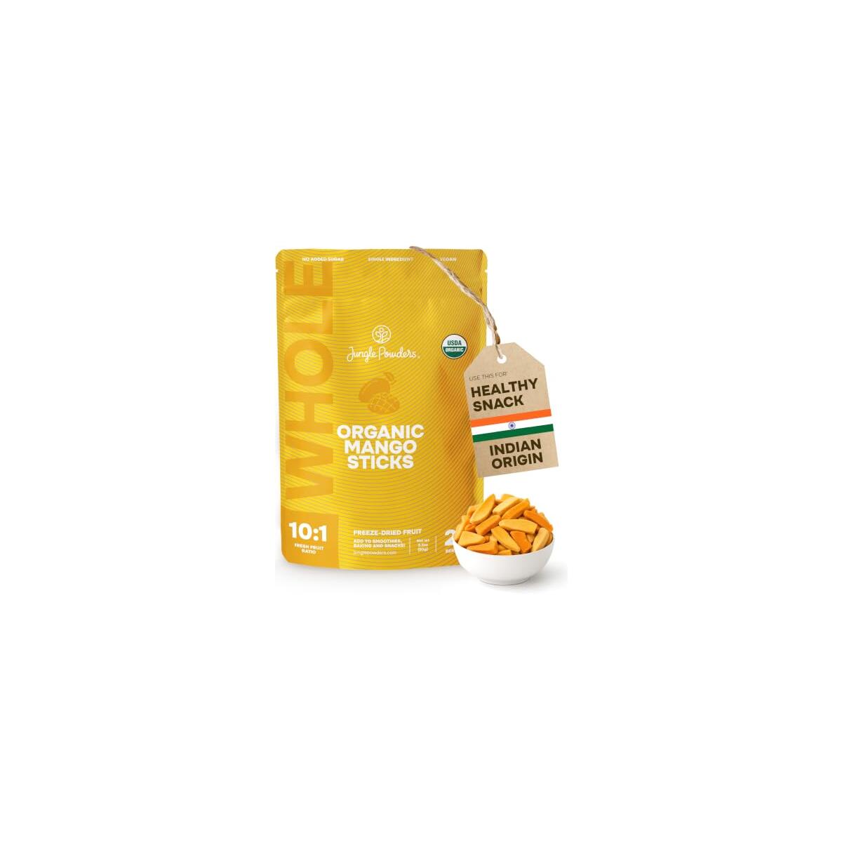 Jungle Powders Organic Freeze Dried Mango Sticks 3.2 Ounce Bag USDA Certified Mango Slices, No Sugar Added Crispy Fruit Snack, Single Ingredient Fruit Dried Mangoes Healthy Snacks for Kids & Adults