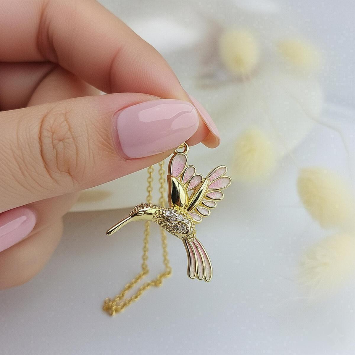 Pink Enamel Hummingbird Necklace, Gold Bird Pendant, Feminine Jewelry