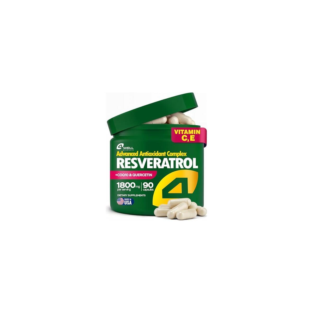 Resveratrol Supplement 1800mg Complex - COQ10, Quercetin, Vitamin E, Calcium Ascorbate - Powerful Antioxidant Formula for Enhanced Energy Heart Health & Healthy-Aging Support Trans Resveratrol 90 Caps