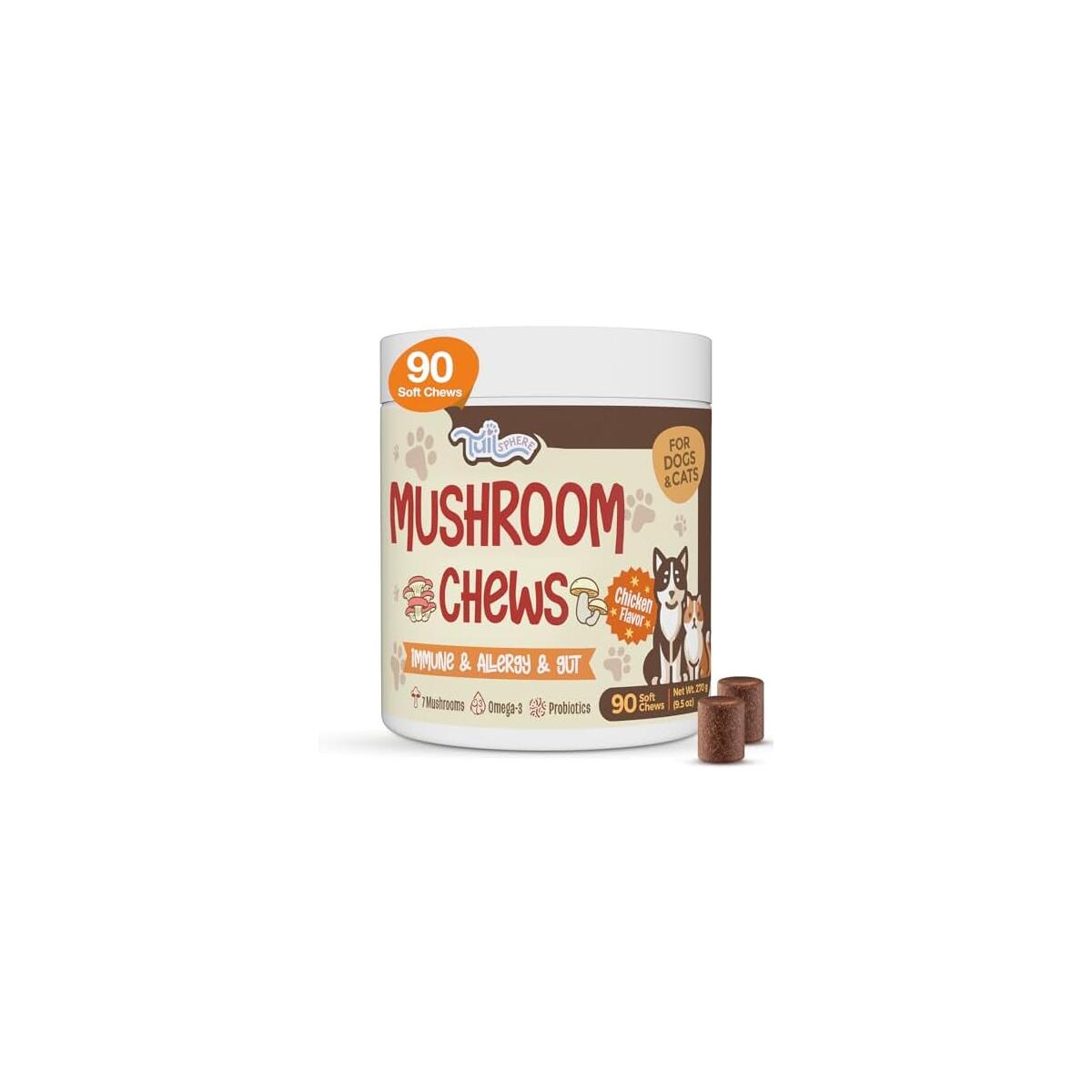 Turkey Tail Mushroom for Dogs, TailSphere 12-in-1 Mushroom Chews for Dog Immune, Gut, Skin & Coat Support, 7-Mushroom Blend with Reishi & Lion&rsquo;s Mane, Probiotics & Omega-3, Chicken Flavor, 90 Count