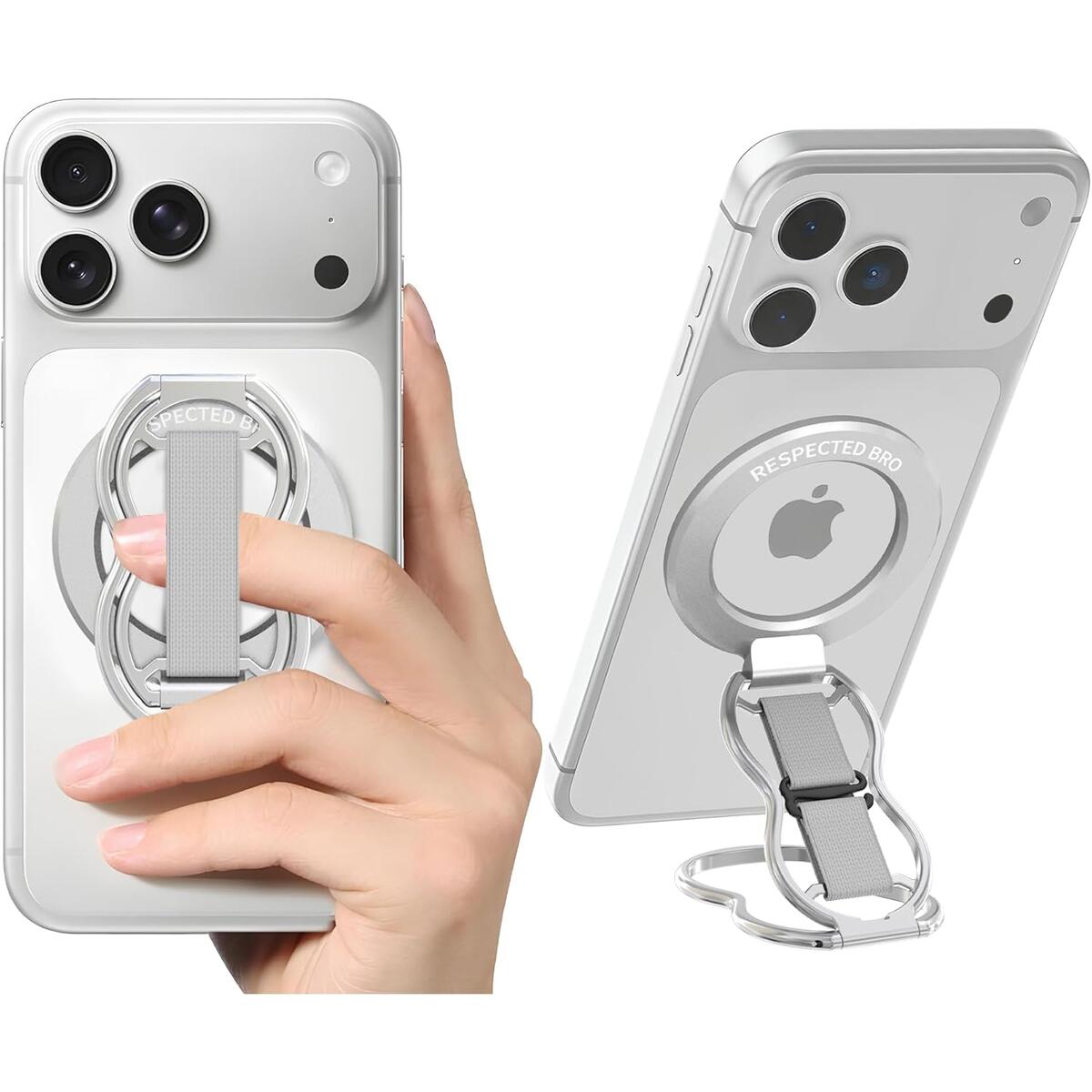 RESPECTED-BRO-Magnetic-Phone-Grip-Stand-with-Finger-Strap, 4-in-1 Magnetic Ring Holder, Kickstand and Elastic Strap for Phones, Universal Fit for iPhone 17/16/15/14/13/12, Android, and Cases (Silver)