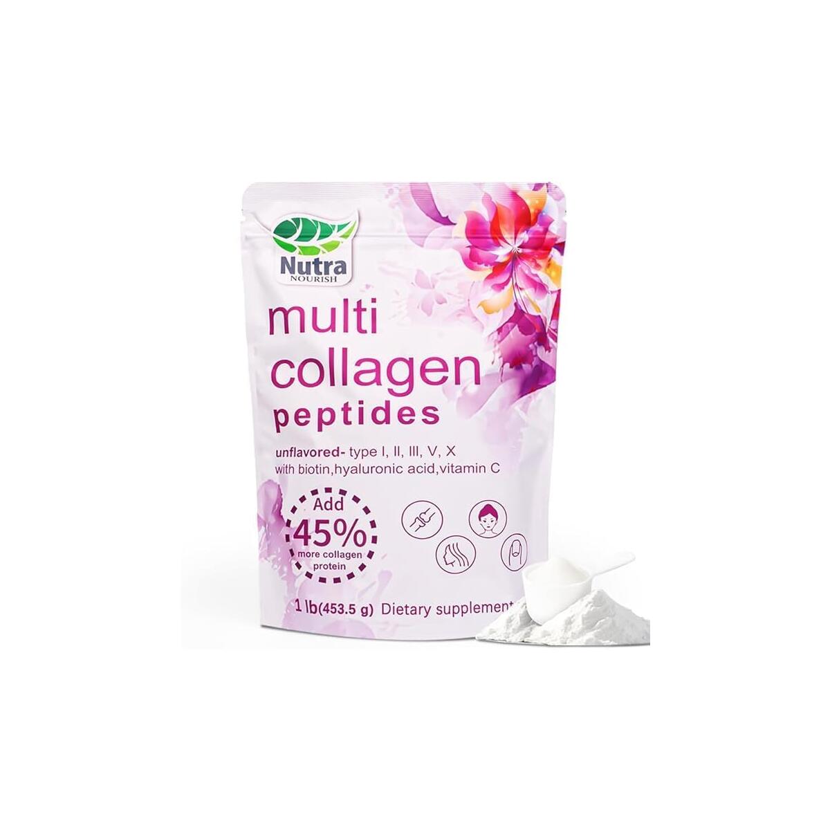 NutraNourish Multi Collagen Peptides Powder, 2LB | (Type I, II, III, V, X) with HyaluronicAcid, Biotin & Vitamin C,Supports Hair, Skin & Joint Health,Unflavored