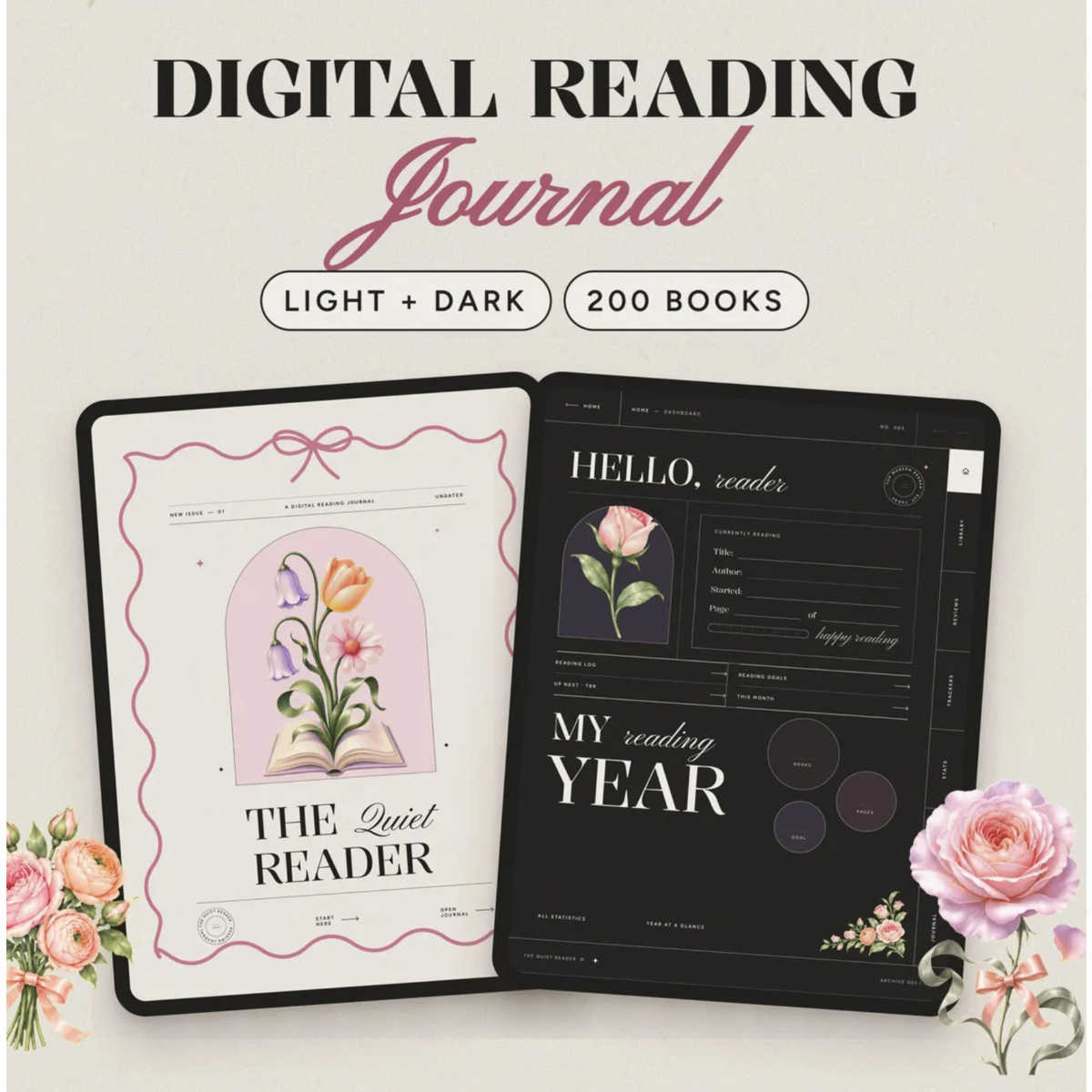 Digital Reading Journal GoodNotes, Dark Mode Book Tracker, Hyperlinked iPad Review Log, TBR List