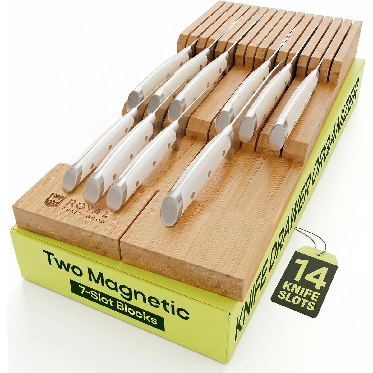 Bamboo In-Drawer Knife Block for 14 Knives (Not Included) &ndash; Premium Drawer Knife Organizer Insert, Kitchen Knife Holder for Safe Knife Storage, Compact Kitchen Organization & Drawer Storage