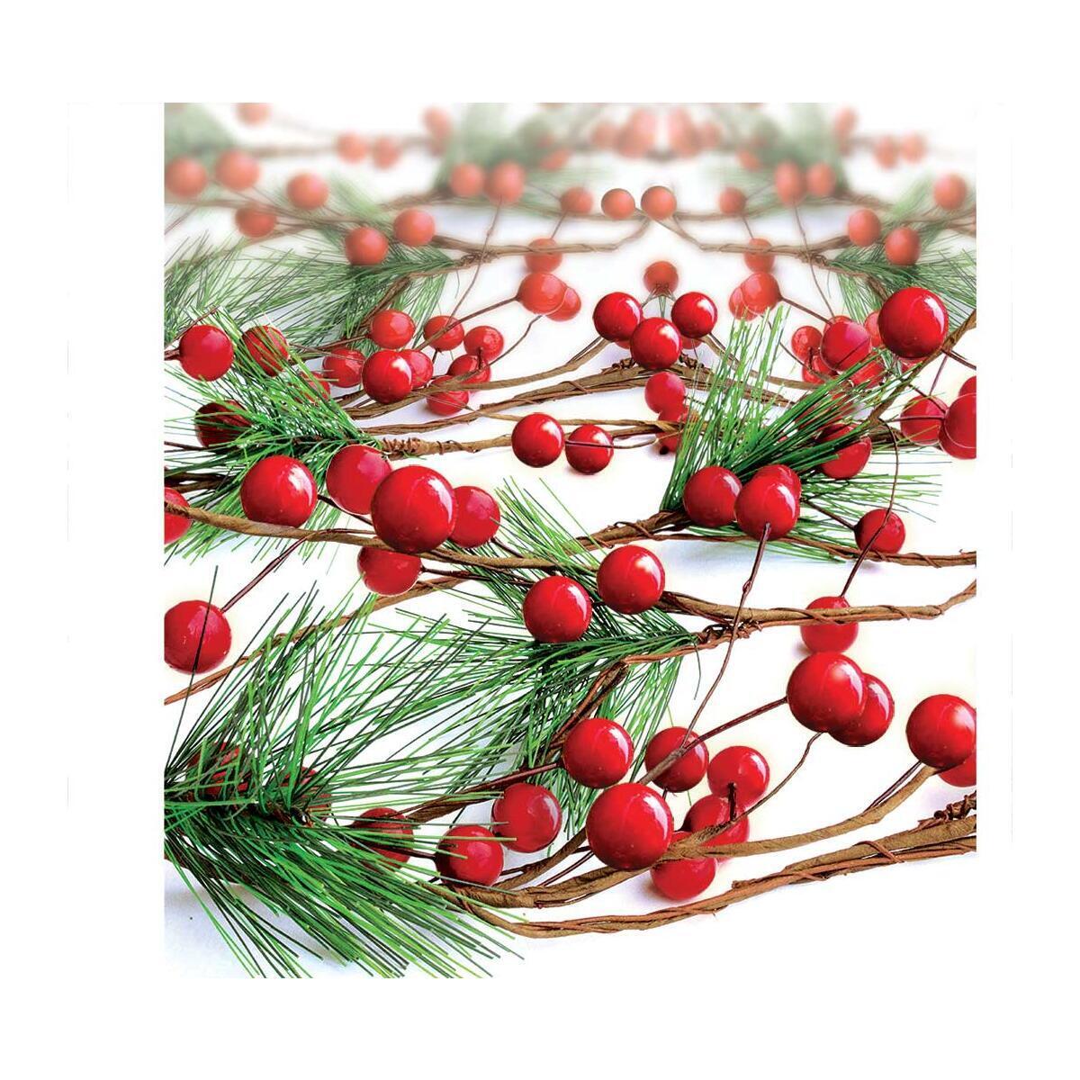 Red Berry Garland Unlit Christmas Berries, Pine Needles for Winter Holiday