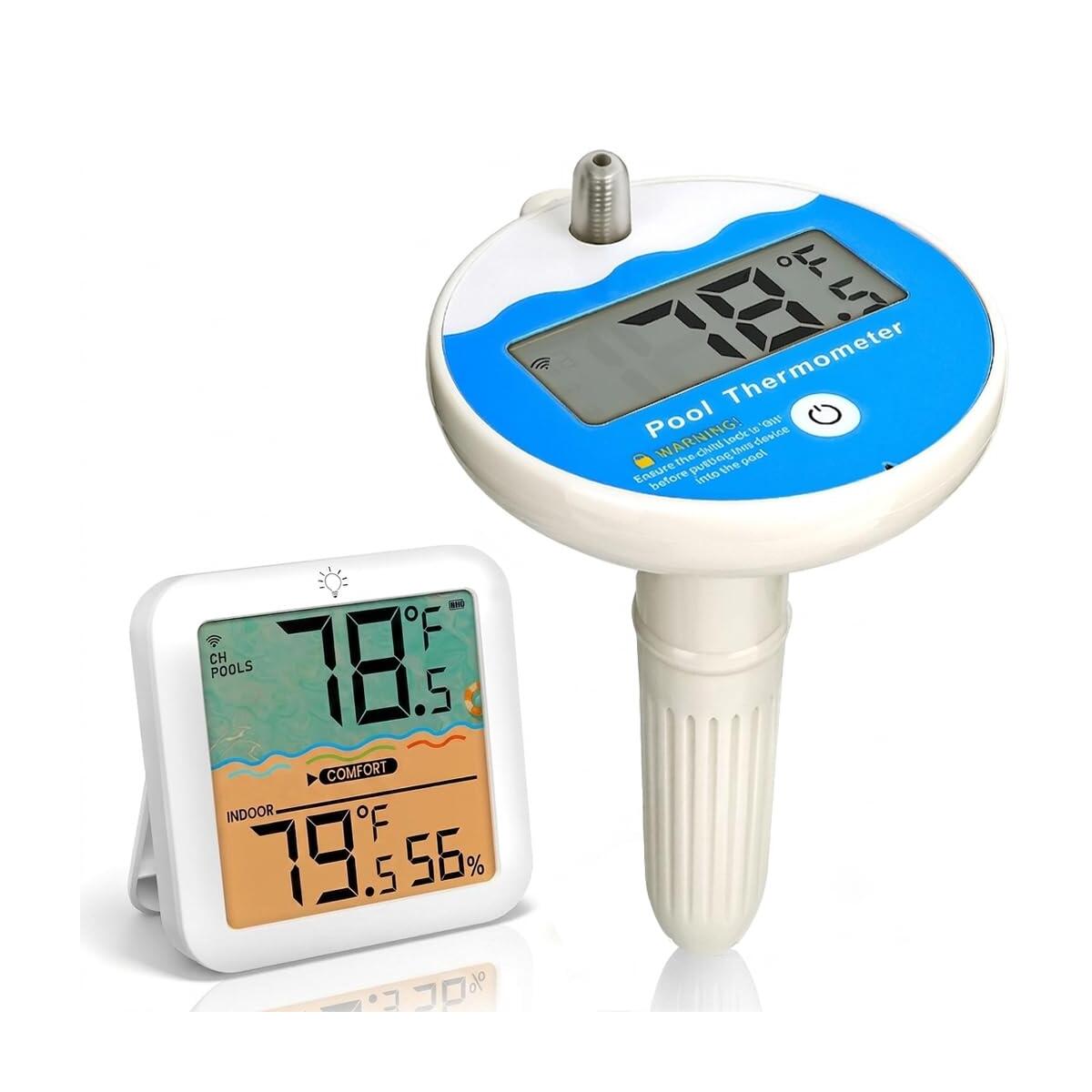 Wireless Pool Thermometer Floating Easy Read Digital Water Thermometer IP68 Waterproof, 328ft/100m Receiver Backlit LCD Screen, Child Lock, for Swimming Pools Hot Tubs Temperature Humidity Monitor