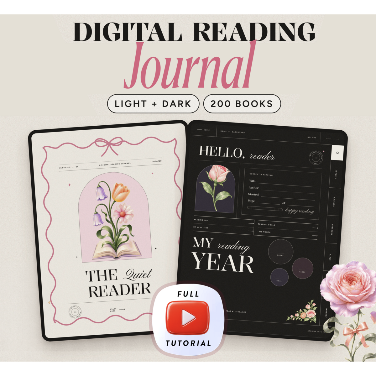 Digital Reading Journal GoodNotes, Dark Mode Book Tracker, Hyperlinked iPad Review Log, TBR List