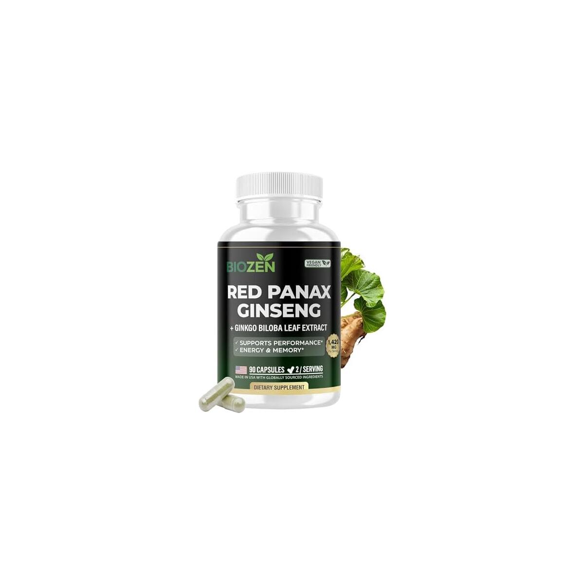 Korean Red Panax Ginseng + Ginkgo Biloba 1420mg | 7% Ginsenosides | Energy, Focus, Memory & Immune Support | Adaptogen Stress Relief for Men & Women | 90 Vegan Capsules | Non-GMO, GMP Certified
