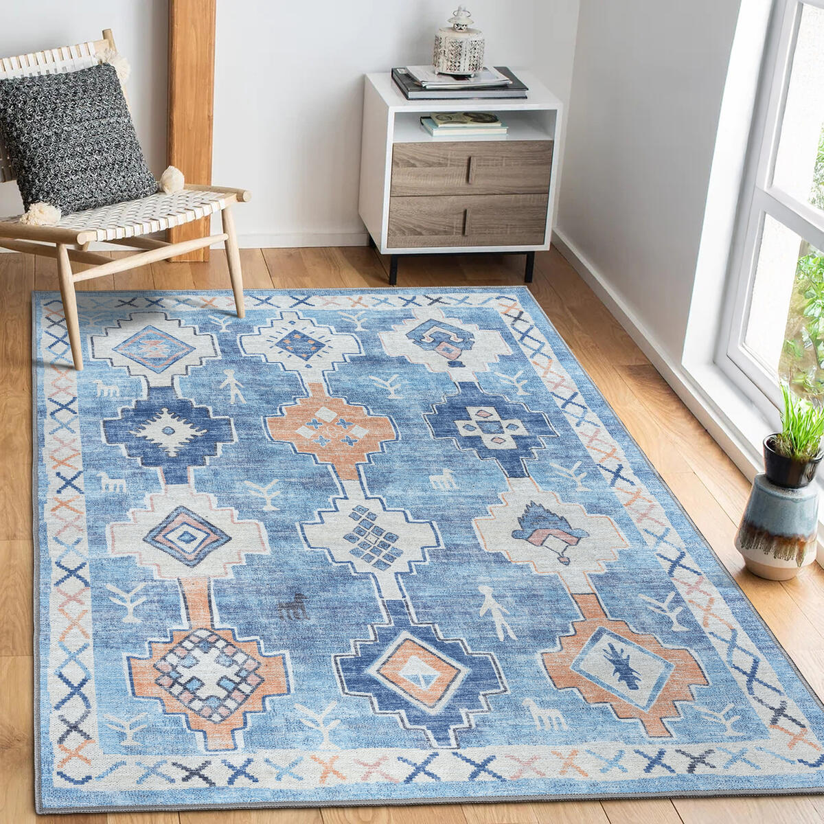 2x3 Vintage Turkish Oushak Rug Blue Cream Washable Non Slip Low Pile Doormat