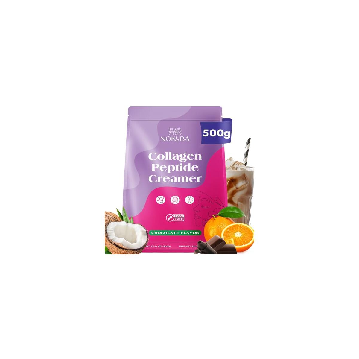 Collagen Peptides Creamer Protein Coffee Powder, Marine Collagen with Coconut Mct, Hyaluronic Acid, Vitamin C & Probiotics for Hair Skin & Nails, Non Dairy, Chocolate Flavor, 500g (20 Servings)