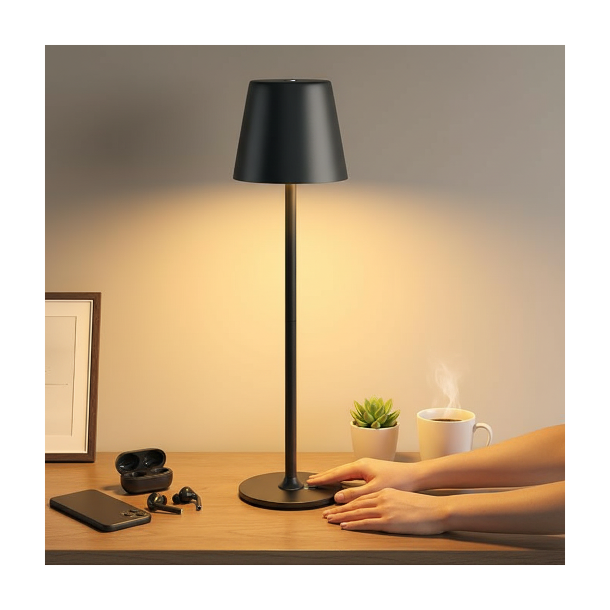 Cordless LED Table Lamp, Touch Dimmable Bedside Night Light, Rechargeable USB, Full Metal Body, Dual Battery, IP54 Waterproof &ndash; Black（Only for Amazon buyers）