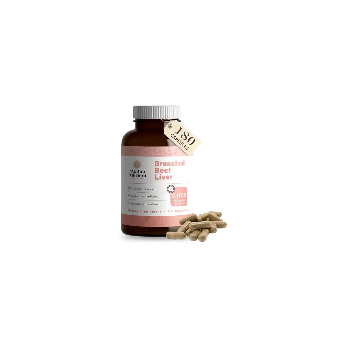 Mother Nutrient Grass Fed Beef Liver Capsules Sourced from Pasture-Raised Beef in New Zealand — Vitamins A and B12 w/Iron, Protein, and More - 45-Day Supply-180 Capsules