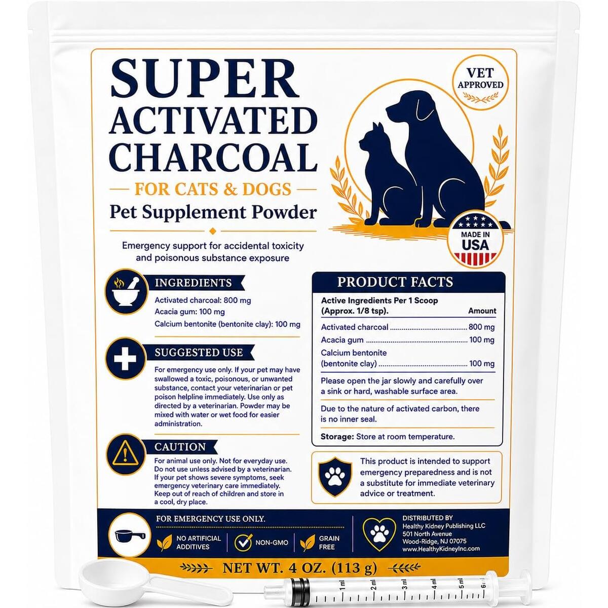 Super Activated Charcoal for Dogs & Cats, Vet Formulated & Approved Pet Activated Charcoal Powder for Emergency Support w/Detoxifiers, Digestive Aid, Kidney Relief, Liver Support for Pets 120 serv