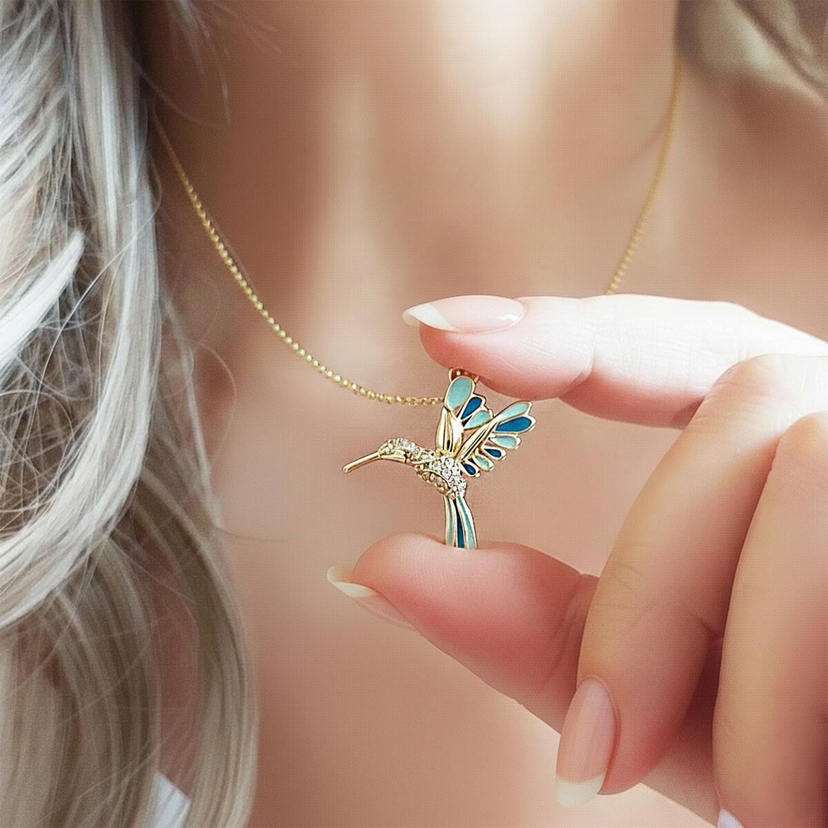 14K Gold Plated Enamel Hummingbird Necklace
