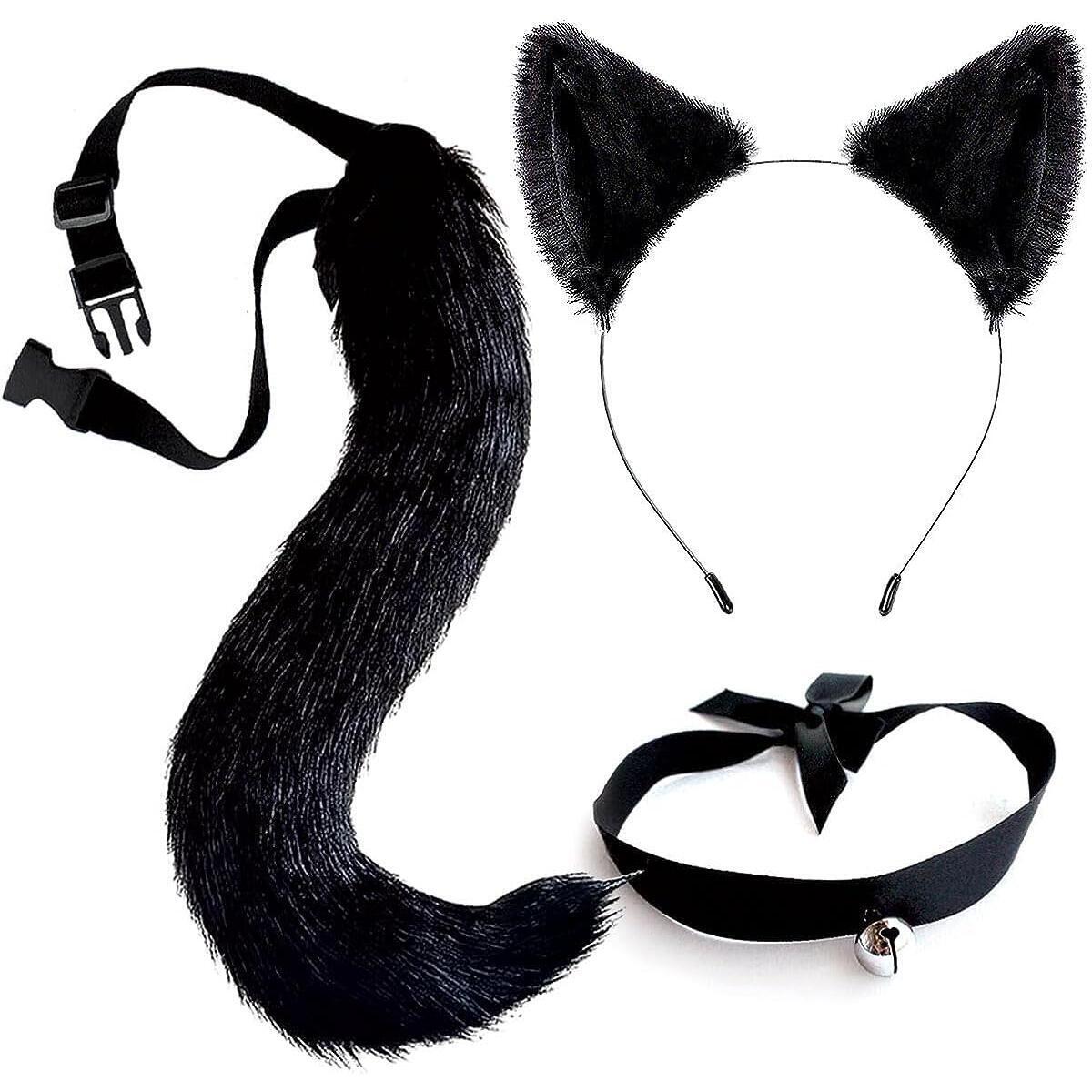 OLYPHAN Costume Accessories Cat Ears and Tail Set Faux Fur Headband Ear Clips Long Tails Choker Necklace for Women Adults Halloween Cosplay Costumes Animal Ears | Adult cat costume accessories with Super-Soft Fur Cat Ear Headband and Thick Fluffy Tail wi