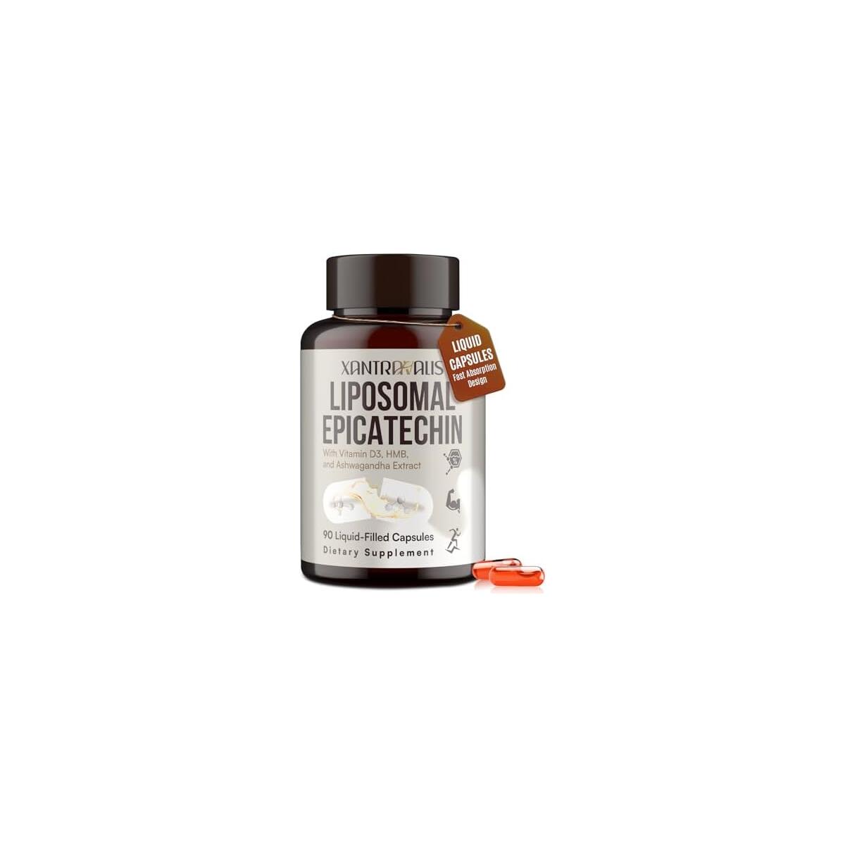 Liposomal Epicatechin Supplement 1200mg - Advanced Formula with Vitamin D3, HMB & Ashwagandha - for Nitric Oxide Production, Strength & Heart - High Absorption,90 Liquid Capsules