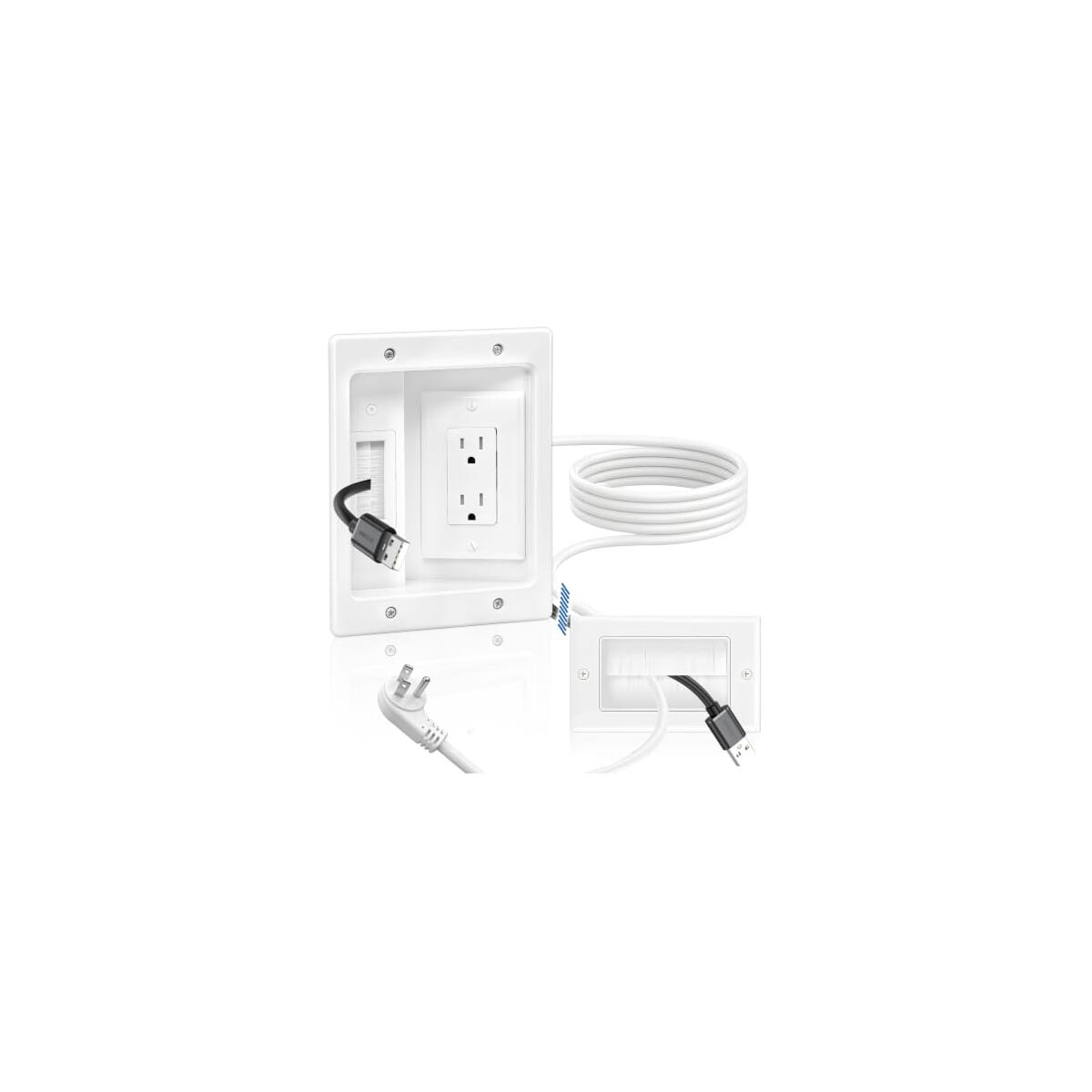 Nearza in Wall Cable Management Kit /9FT Power Cord Fits All Plugs, & Slim Brush Wall Plate 2 AC Outlets Recessed Outlet Hide TV Wires Behind the Wall