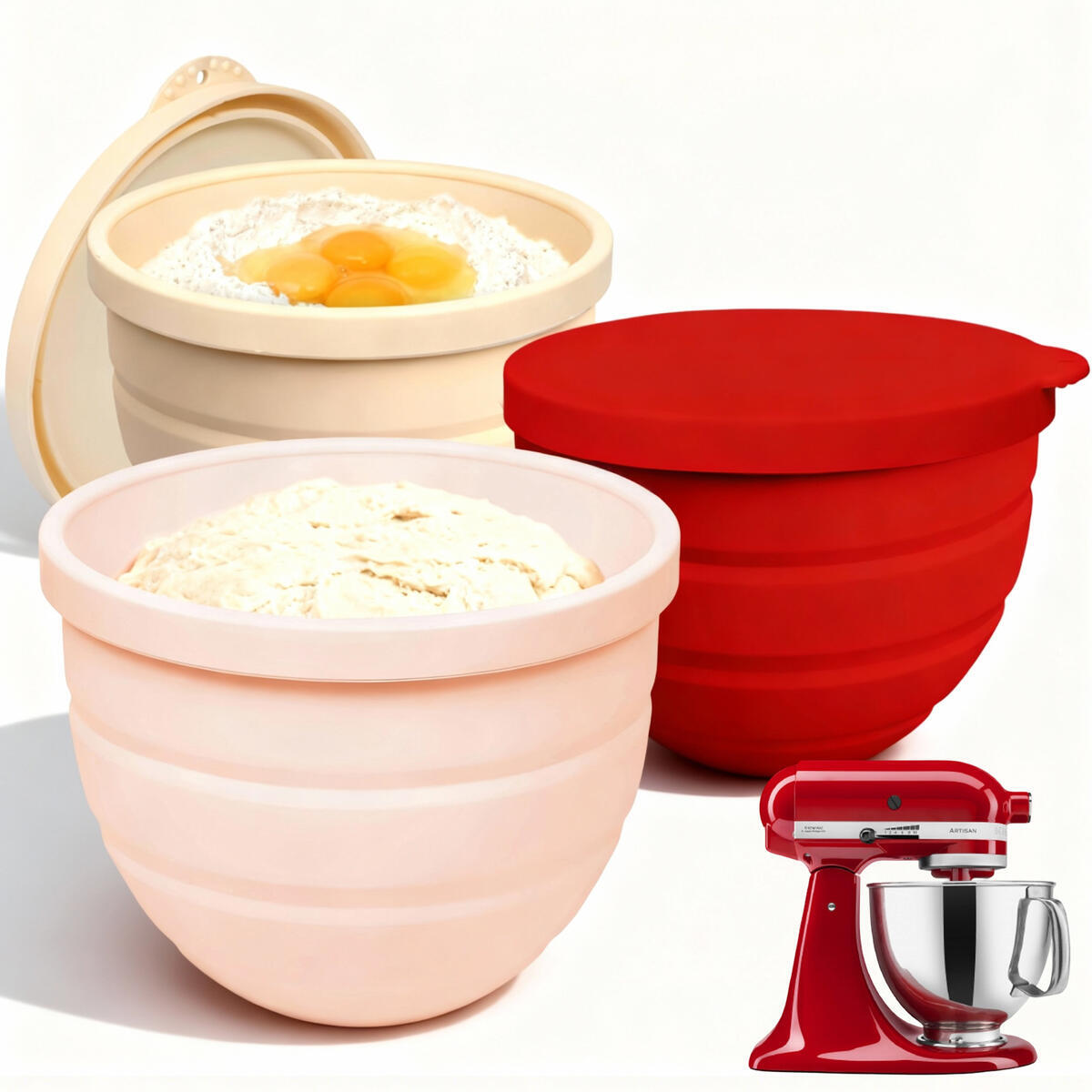 Silicone Bowl Insert for Kitchen Aid 5 Qt Tilt-Head - Patented Design Bowl Liner, 3pack with Lids, Resistant to collapse Thicker Bowl Insert, Foldable, Heat/Cold Resistant